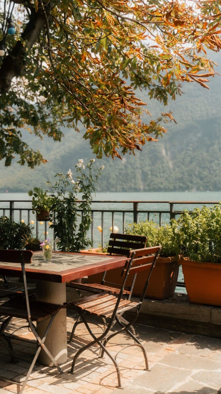 Lakeside outdoor dining terrace, Switzerland