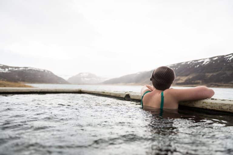 Outdoor thermal pool in snowy mountains