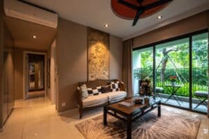 Cozy living room interior with garden view