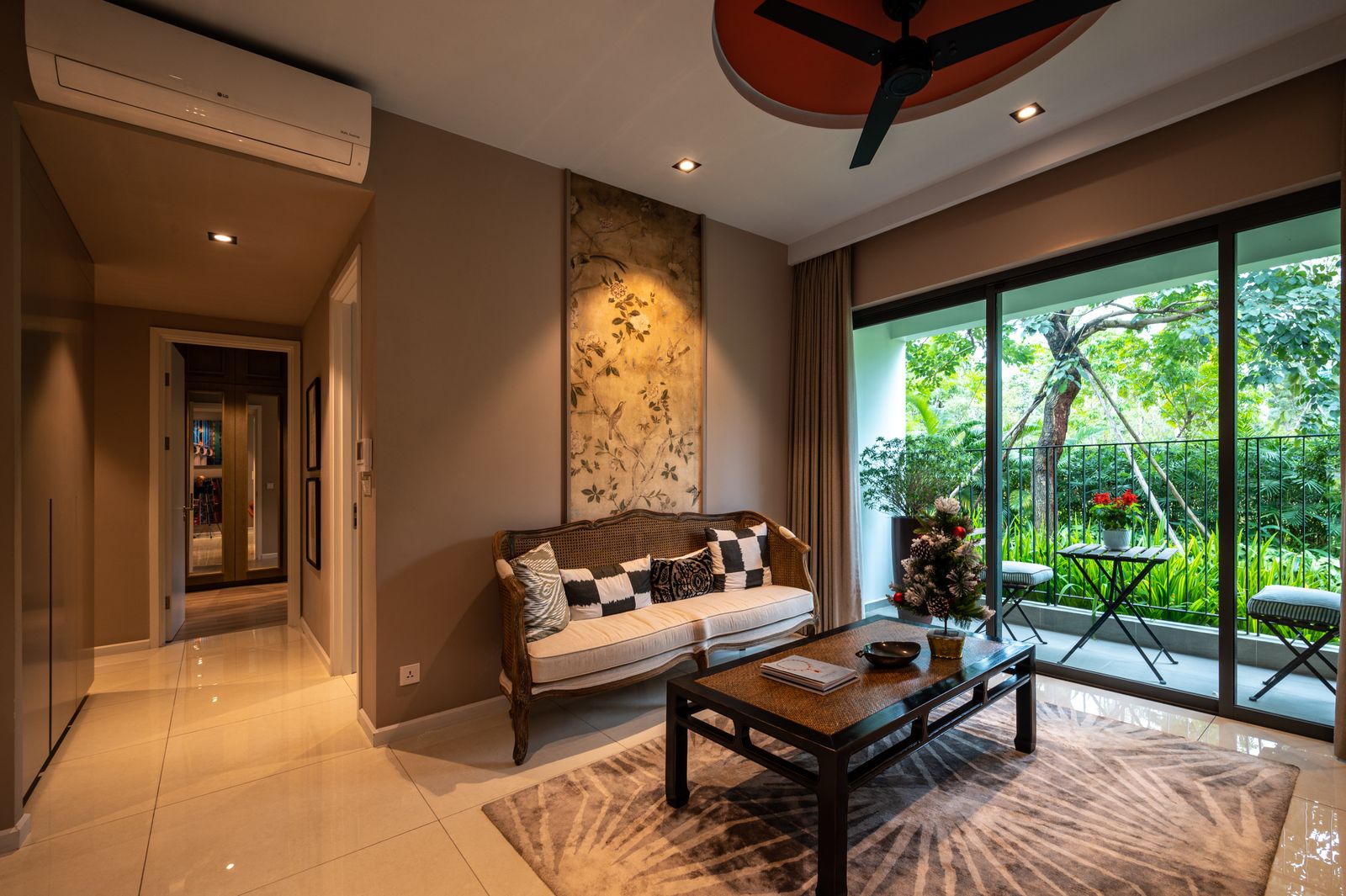 Cozy living room interior with garden view
