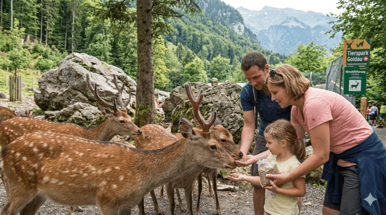 Family feeding the deer at Tierpark Goldau