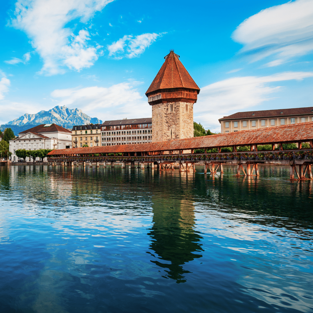 Chapel Bridge and Mt Pilatus in Lucerne