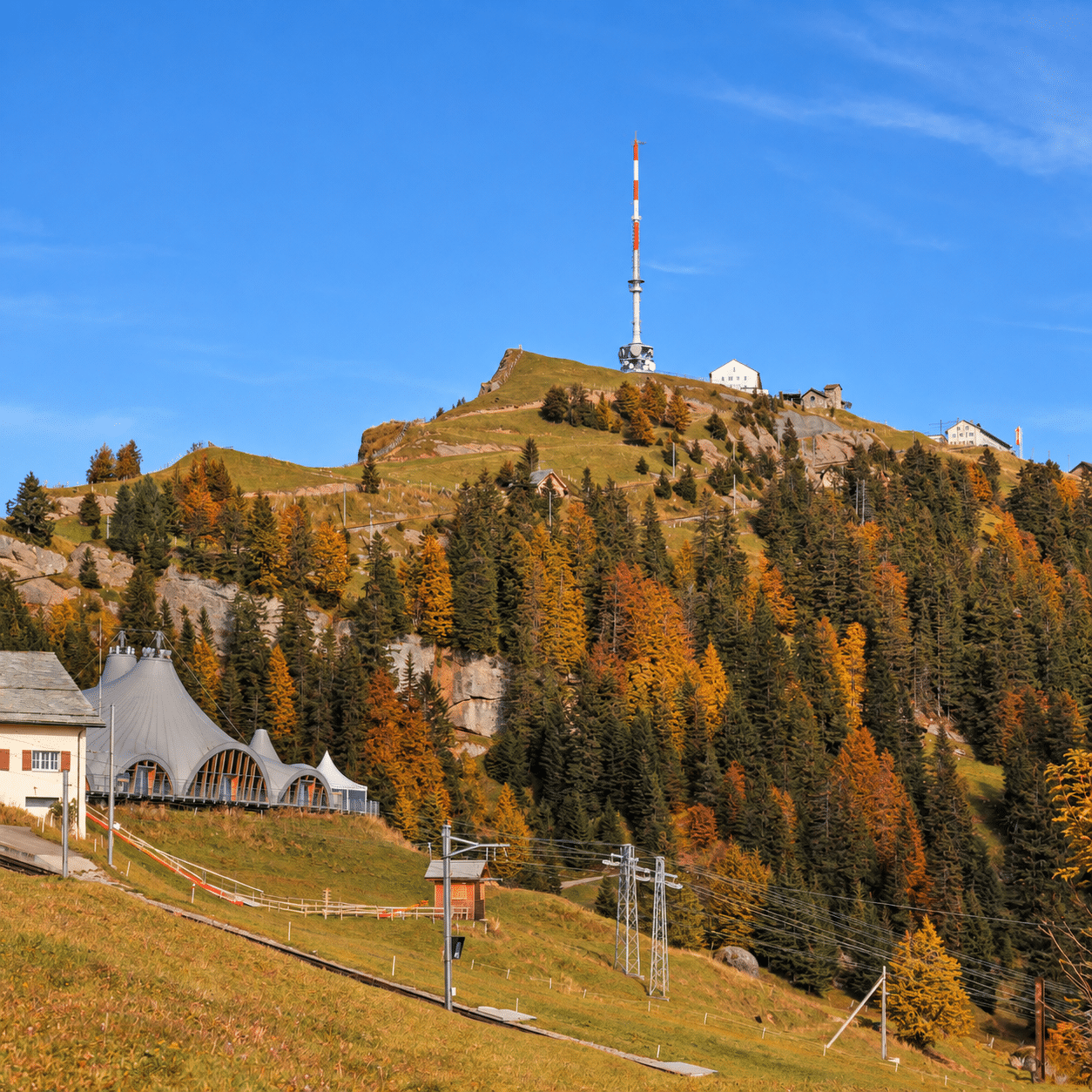 Mt Rigi in autumn with golden trees, mountain railway and Rigi Kulm under a blue sky
